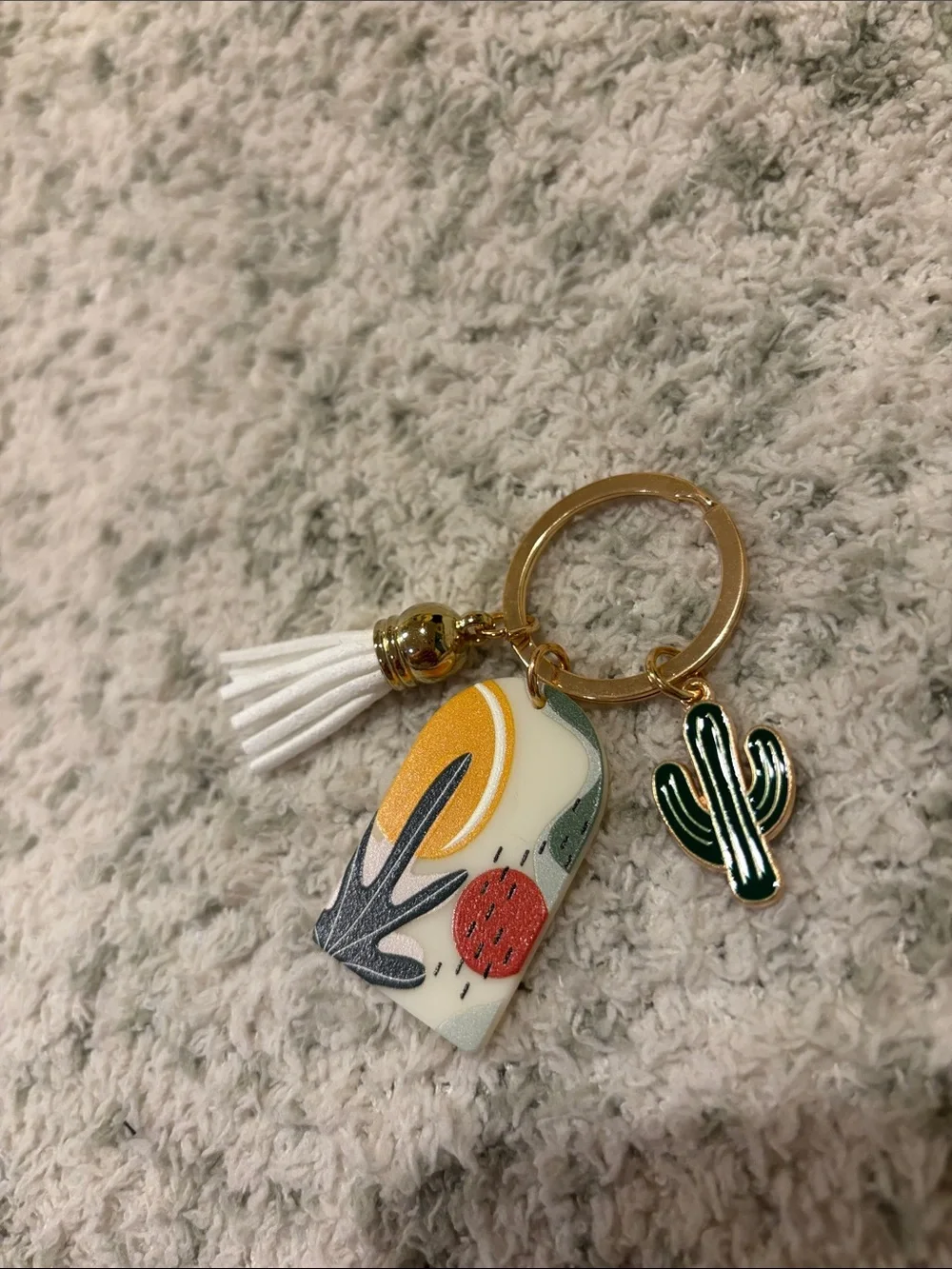 Bohemian Southwest Desert White Tassel Cactus Keychain Bag Charm NWT 2.5”